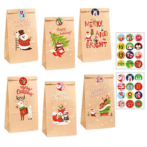 iKesoce 24 Pz Sacchetti Regalo di Natale Sacchetti di Carta Kraft Calendario Dell'avvento Borsa Sacchetti Carta Piccoli con Adesivi Etichette per Caramelle e Alimentari