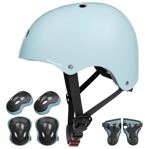 KORIMEFA Casco Bici Protezioni Set per Bambini Ginocchiere Gomitiere e Protezione Polso per Bambini da 3-13 Anni, Casco per Hoverboard, Pattini in Linea, BMX e Bicicletta (Blu chiaro, S)