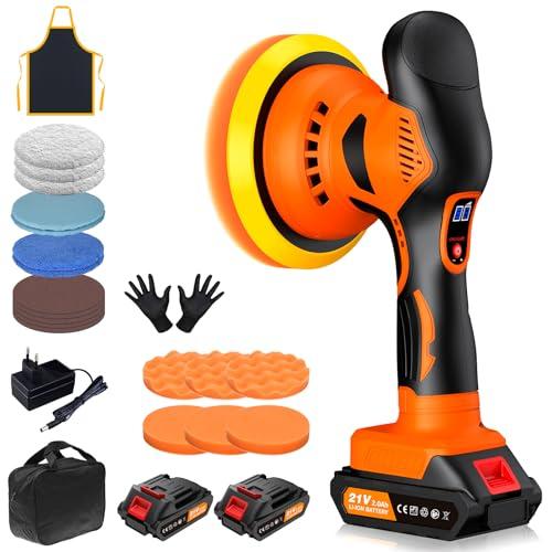 Lucidatrice Auto a Batteria, 8 Velocità Variabili, 2800–6000 giri/min, Lucidatrice Rotorbitale con 2 Batterie da 21 V 2.0 Ah e 21 Pezzi Kit Lucidatura Auto per la Cura dei Dettagli dell'auto