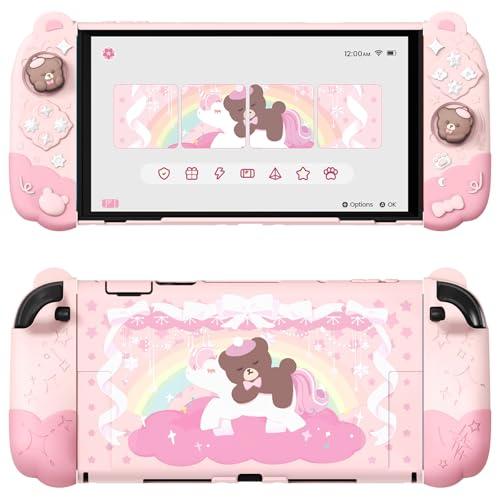 playvital Cover Dockable Rigida per Nintendo Switch 2 Console, Custodia Protettiva Silicone per Joycon 2&Supporto Regolabile Extra&Copri Analogici, Accessori Carini, Buonanotte Orso-Rosa