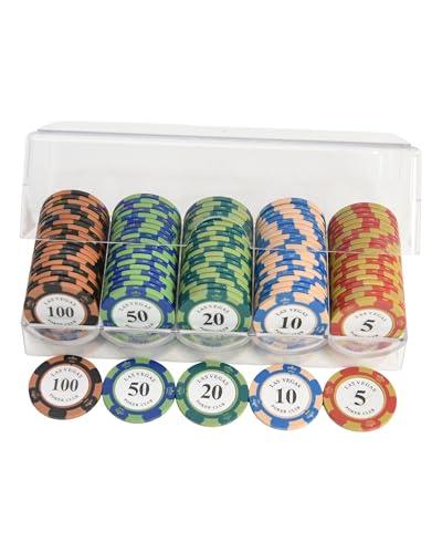 YIMINGOUFEI Set di 100 chip tonici con valore nominale, adatto per blackjack e giochi da casinò, 20 chip per valore nominale (5-10-20-50-100), scatola in acrilico inclusa