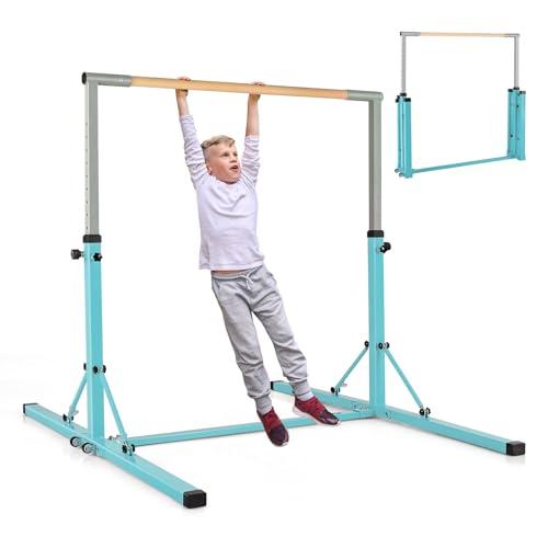 COSTWAY Barra per Ginnastica e Danza per Bambini Pieghevole e Portatile, Sbarra Parallela in Metallo e Legno con 13 Altezze Regolabili, Ruote e Cuscinetti Antiscivolo, Portata 100 kg (Verde Menta)