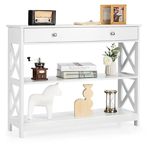 COSTWAY Tavolo Consolle con Cassetto, Tavolo da Ingresso a 3 Ripiani, Tavolino per Divano per Ingresso Soggiorno Camera da Letto, Stile Vintage Industriale (Bianco)