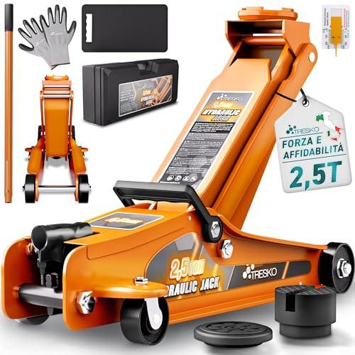 TRESKO Cric idraulico 2,5 tonnellate, altezza di sollevamento 85-385 mm, con valigetta, cric idraulico, piatto, per auto abbassate, ruote a 360°, con 2 cuscinetti in gomma, guanti, coltello profilato