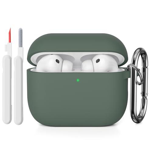 KOKOKA Custodia Case Compatibile con AirPods Pro 3 2025 con Kit di Pulizia, Case Cover Protettiva in Morbido Silicone per AirPods Pro 3ª Generazione con Moschettone, LED Anteriore Visibile, Deep Green