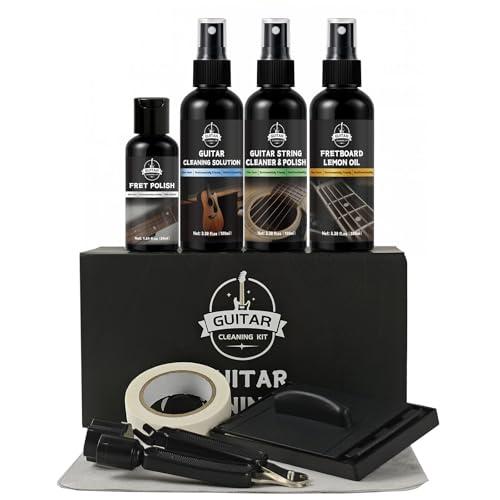 DINGSEN Kit di pulizia per chitarra, set professionale di 8 pezzi con detergente per chitarra, olio per tastiera, cera lucidante, detergente per corde, taglierina 3 in 1 e panno in microfibra
