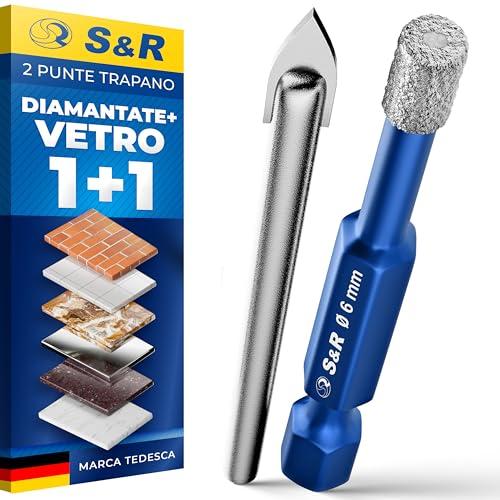 S&R Set di 2 Punte Trapano: 1 Diamantata 6mm e 1 Centraggio Vetro. Punte Gres Porcellanato Piastrelle Ceramica Granito Marmo Vetro Professionali.