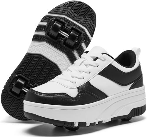 ANEFUN Ragazzi Ragazze Scarpe con Ruote Pattini Pattinaggio Bambini Pattini a Rotella Scarpe con 4 Ruote Rimovibili Comfort Sport Outdoor per Bambini, nero/bianco, 35 EU