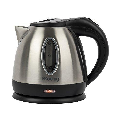 H.Koenig Bollitore elettrico BO12 1,2L Acciaio inox pratico e compatto, livello d'acqua graduato, Bollitura a riscaldamento rapido, Indicatore luminoso, Base con rotazione a 360°, 1630 W