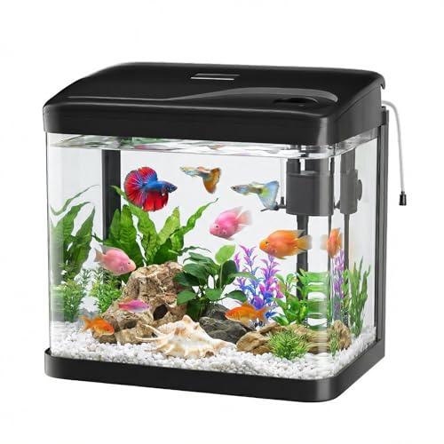 PUTINEI Acquario in Vetro 6 Litri,Acquario Completo Acquarios Per Pesci Rossi,con Illuminazione a LED e Sistema di Filtraggio,Nero,Set Per Principianti