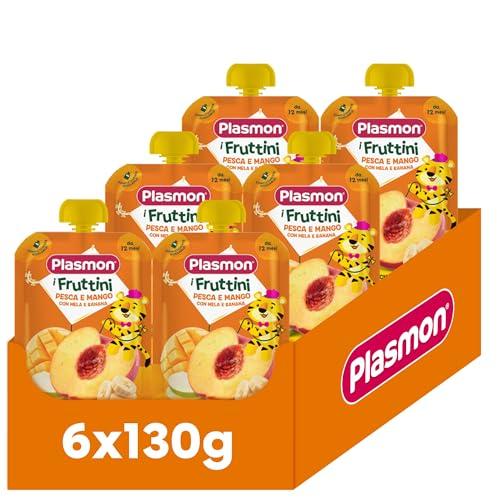 Plasmon I Fruttini Pesca e Mango con Mela e Banana 130g (6 Pezzi), Merenda dai 12 mesi, con solo gli Zuccheri della Frutta