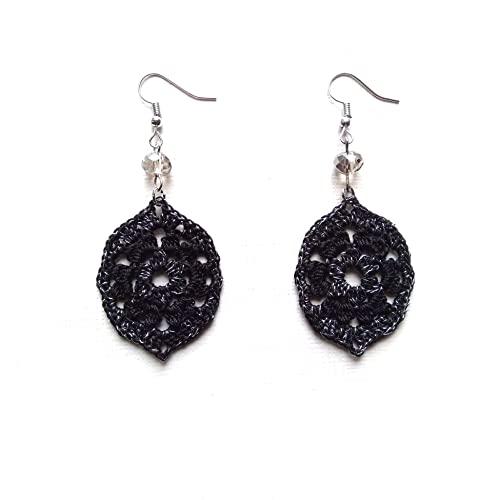 Orecchini in pizzo, orecchini ovali neri, Gioielli all'uncinetto, Made in Italy, Bijoux da donna, Lavorazione Artigianale