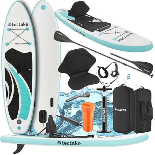 tectake® SUP Gonfiabile, Tavola Stand-Up Paddle Versatile, Materiale Drop-Stitch, 3 Pinne con Pinna Removibile, Pagaia in Alluminio Regolabile, Antiscivolo in Schiuma EVA - Turchese/Nero