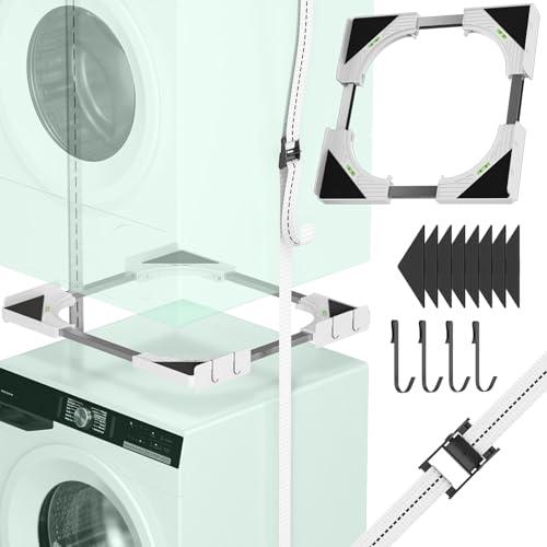 JHCHU Slimline - Kit impilabile per lavatrice e asciugatrice, telaio universale per elettrodomestici da 45-68 cm, design salvaspazio con cinghia a cricchetto e 4 ganci multifunzione (bianco)