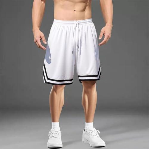 Pantaloncini da allenamento da uomo, a righe, ad asciugatura rapida, traspirante, elastico in vita e tasche, per palestra, corsa, sport, nero classico, A01-Basic Bianco, M