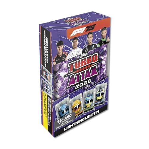 Topps Turbo Attax Formula 1 2025 - Mega Tin - Lightning Lids – contiene 66 carte incluse 6 Edizioni Limitate e 4 carte esclusive 'Lightning Lids'.