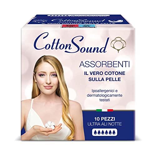 COTTON SOUND ULTRA ALI NOTTE Assorbenti con Cotone 10 Pezzi, 100% Cotone Idrofilo, Ipoallergenici, Dermatologicamente Testati, Super Assorbenti, Tecnologia Multistrato, Made in Italy
