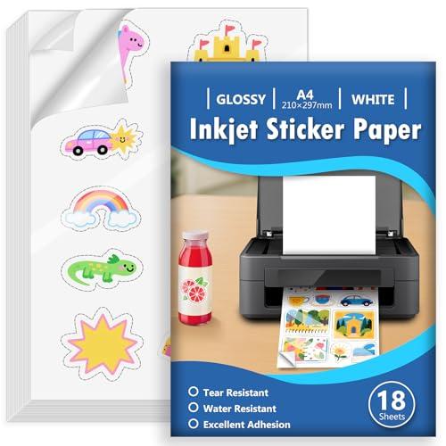 Euqvunn 18 Fogli Carta Adesiva per Stampante A4, Carta Vinile Stampabile Adesivo Bianco Lucido Impermeabile, Self-Adhesive Full Page per Stampanti a Getto d'Inchiostro, Quick Dry, 210x297mm