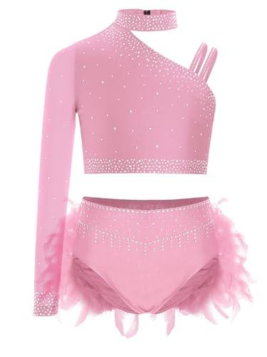 Freebily Abito da Ballo Latino Americano Bambina Completo da Pattinaggio Artistico con Strass Crop Top Danza Moderna Monospalla + Minigonna di Ballo Costume Danza Samba Rosa 7-8 Anni