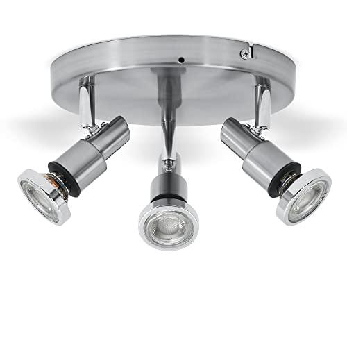B.K.Licht Plafoniera LED da soffitto con faretti orientabili per bagno resistente agli schizzi d'acqua IP44, include 3 lampadine GU10 5W, metallo color nickel opaco, faretti LED luce calda 3000K, 230V
