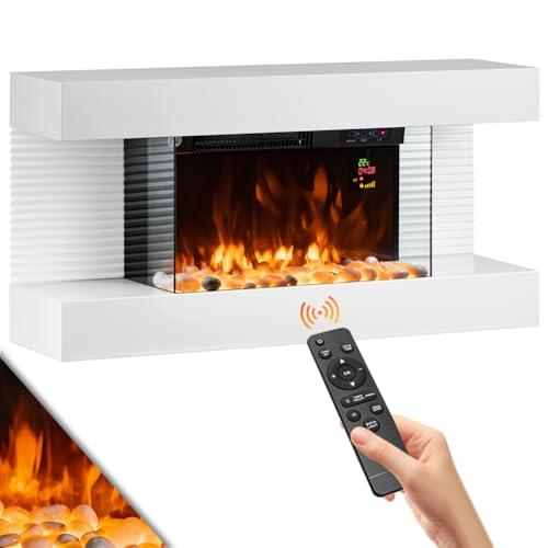 BAKAJI Camino Elettrico a Muro con Cornice Legno Caminetto 2000W Completo di Mobile, Silenzioso Design Moderno, Stufa a Parete, Termostato Digitale, Effetto Fuoco Realistico (Saint Moritz)