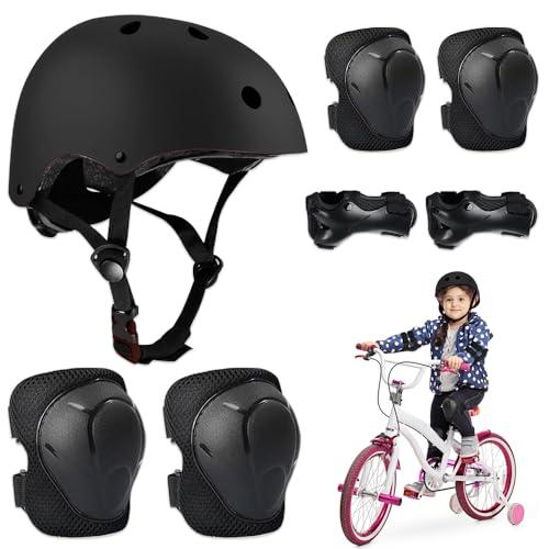 BNGXR Set di Casco Protezione Bambini, 5 in 1 Casco Bici Protezioni Set per 3-11 Anni Regolabile Polso Ginocchiere Protezione per Skateboard Hoverboard Pattini in Linea(Nero)
