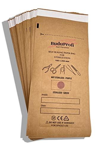 BuduProfi - 100 sacchetti per sterilizzazione con autoclave e sterilizzatore a secco, strumenti per manicure e pedicure, con indicatore e sigillatura (100 x 200 mm)
