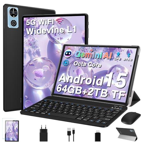 2025 AI Tablet 10 Pollici Android 15, 30GB RAM+64GB ROM(TF 2TB), 8 Core 2.0 Ghz, 5G+2.4G Wi-Fi, BT 5.0, 8MP+5MP, Cast, 1280 * 800 FHD, Widevine L1, GMS Tablet PC con Tastiera e Mouse,Caso (Nero)