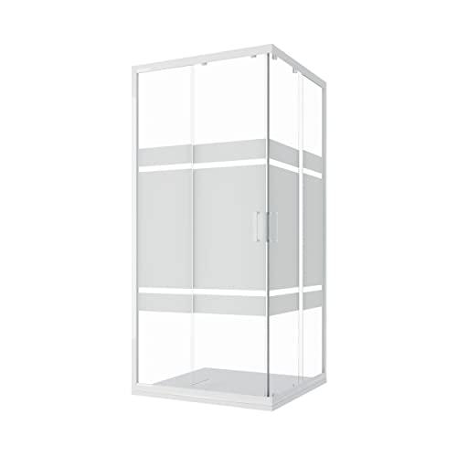 Box Doccia Angolare 70x100cm mod. Ibiza con Apertura Scorrevole Vetro Temperato Serigrafato 4mm Altezza 185cm Profili in Alluminio Bianco Maniglia ABS Bianco