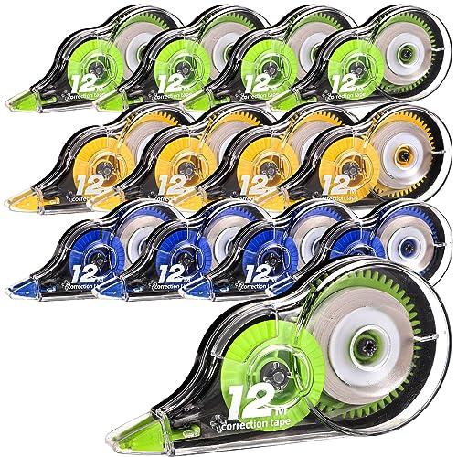 Lanjue 12 Pezzi Bianchetto a Nastro, 12m x 5 mm Correttore a Nastro con Cappuccio Protettivo, Cancelleria Scuola Correction Tape per Insegnanti Studenti Ufficio Scolastico (Verde, Blu, Giallo)