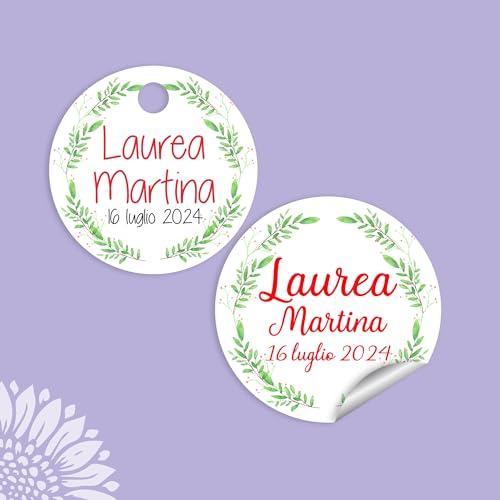 10 Etichette e Cartellini Personalizzati Laurea – Adesivi e Segnaposto per Bomboniere – Corona d’Alloro Acquerello – Nome e Data – Tutte le Forme (LAU-07)