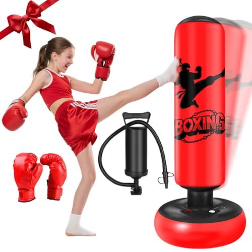 Ninonly Sacco da Boxe per Bambini 160cm Sacco da Boxe da Terra Bambini con Guantoni da Boxe Pungiball Gonfiabile e Ragazze Età 3-12 per Praticare Karate, Taekwond Rosso e nero