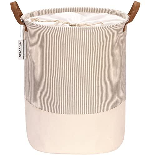 Sea Team Cesto portabiancheria con motivo a righe portabiancheria in tela Cesto portabiancheria pieghevole con manici in pelle PU e chiusura con coulisse, 17,7 x 13,8 pollici, interno impermeabile