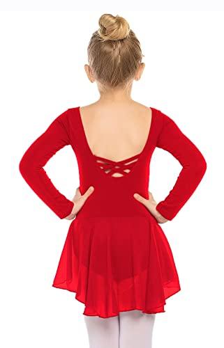 Beyove Ragazze Balletto Vestito Senza Schienale Cotone Maniche Lunghe Balletto Body Balletto Body Danza Bambini Danza Corpo con Gonna Tutu Rosso 150