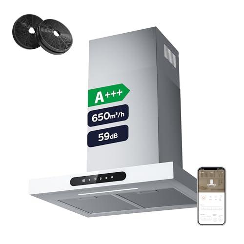 CIARRA CBCW6102 A+++ - Cappa aspirante 60 cm, 650 m³/h con filtro ai carboni attivi CBCF003 TouchControl a 4 livelli, incluso Booster