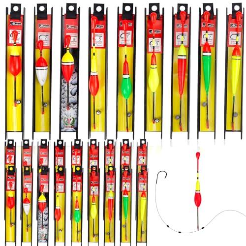 Galleggianti da Pesca 27 Pezzi Galleggiante da Pescacon Piombino, Lenza e Amo (5#, 7#, 9#) Galleggianti Pesca in Legno per Pesci Grossi, Trote, Anguille, Lucioperca