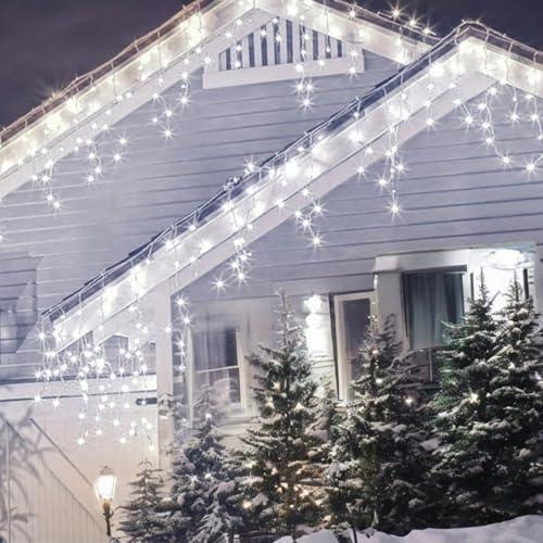 Tenda Luminosa Natalizia Stalattiti a LED 138 Luci Bianco Caldo + Flash Bianco Freddo per Interno ed Esterno IP44