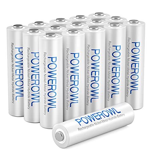 Powerowl - Batterie Ricaricabili AAA, 1000mAh Pre-Carica Ni-MH Bassa autoscarica Pile Ricaricabili AAA Ministilo 1,2V 1200 Cicli (16 Pezzi)