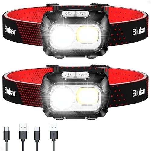 Blukar Torcia Frontale LED Ricaricabile, [2 Pezzi] 2000L Super Luminosa Lampada Frontale, Sensore Movimento & Luce Rossa, 8 Modalità di Luce, Dimmerabile Continuo Torcia da Testa per Campeggio/Pesca