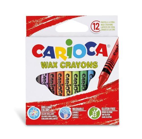 CARIOCA Pastelli Wax, Pastelli a Cera Lavabili con Punta Normale per Bambini, Morbidi e Scorrevoli, Colori Assortiti e Brillanti, Facili da Temperare, 12 Pezzi