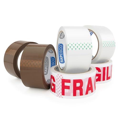 Rapesco 1687 Rotoli di Nastro da Imballaggio, Larghezza 50 mm, Confezione da 6 Rotoli di Nastro, 2 x Marroni, 2 x Trasparenti, 2 x FRAGILE