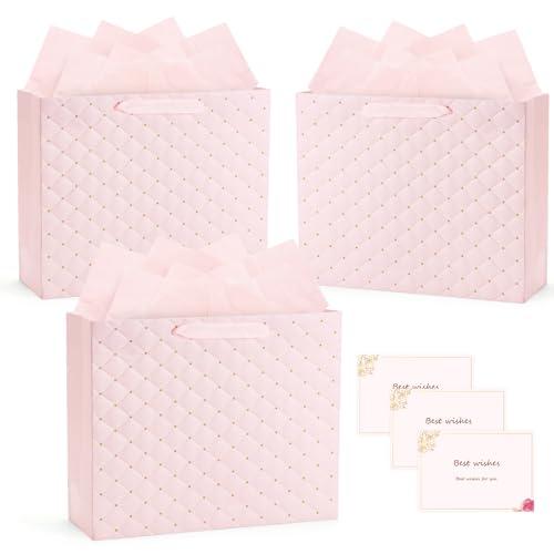 VynyQoo Sacchetti Regalo, 3PCS Sacchetto Regalo Compleanno con 3 Biglietti di Auguri e 3 Carta Velina, Sacchetti Regalo Medi Portatili con Manici, Borse Regalo Medie per Compleanni, Matrimon