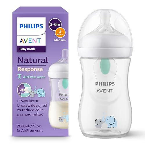 Philips Avent Biberon Natural Response - Biberon da 260 ml con valvola Airfree, senza BPA, per neonati da 1 mese in su, con motivo di elefante (modello SCY673/81)