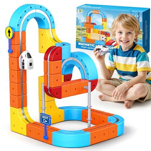 56 Pezzi Trenino Elettrico per Bambini, Giochi Bambini 3 4 5 6 7 8 Anni DIY Cube Track Regalo Bambina 3-8 Anni 3D Elettrico Klickrail Pista Magnetica Macchinine Regali di Pasqua per bambini