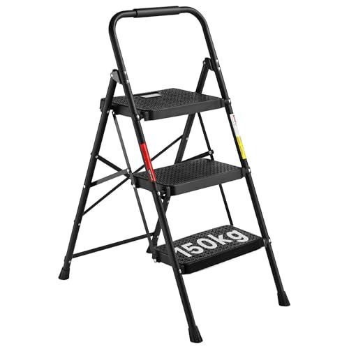 BONTEC Scala 3 Gradini Pieghevole - Scala Pieghevole in Acciaio con Portata di 150kg, Antiscivolo, Scaletta Compatta e Resistente, Ideale per Uso Domestico e Professionale