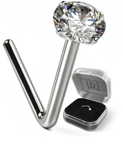 9k oro bianco del forcone 1,5 millimetri rotonda pietra CZ 22 Gauge L Bend naso Stud Piercing