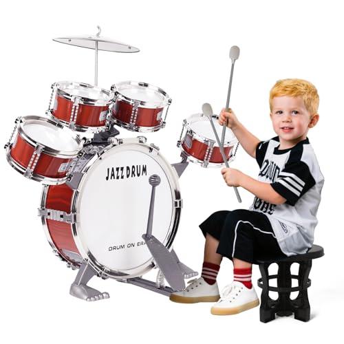 m zimoon Kit Batteria Jazz Per Bambini, 5 Tamburi Con Sgabello Pedale E Bacchette Per Principianti Strumento Musicale Percussione Giocattolo Vacanze Compleanno Regalo Educativo Per Ragazzi E Ragazze