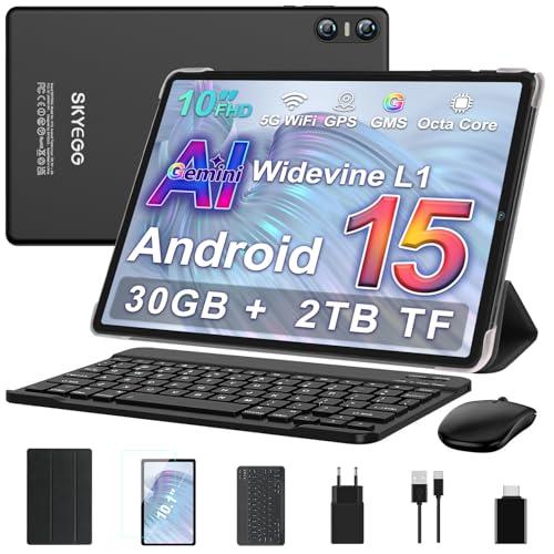 SKYEGG Tablet 10 Pollici Android 15 con Gemini AI, 30GB RAM + Espandibile 2TB ROM, Octa-Core, Widevine L1, WiFi 5G, BT5.0, Fotocamere 8MP/5MP, 6000mAh, con Tastiera, Mouse e Custodia – Nero Scuro