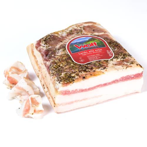 Wolf, Lardo alle Erbe, Trancio, Prodotto Leggermente Affumicato con Tradizionale Tecnica di Affumicatura con Legno di Faggio, Carne 100% Italiana, Senza Glutine, 0,350 kg (min. netto garantito)