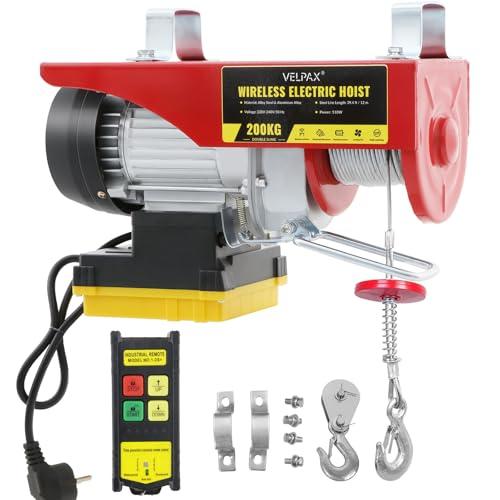 Paranco Elettrico, Capacità di Sollevamento 200 kg, Altezza di Sollevamento Elettrica 12 m, Argano Elettrico 510W, Velocità di Sollevamento 11m/min, Vericello con Radiocomando, con Puleggia e Cavo